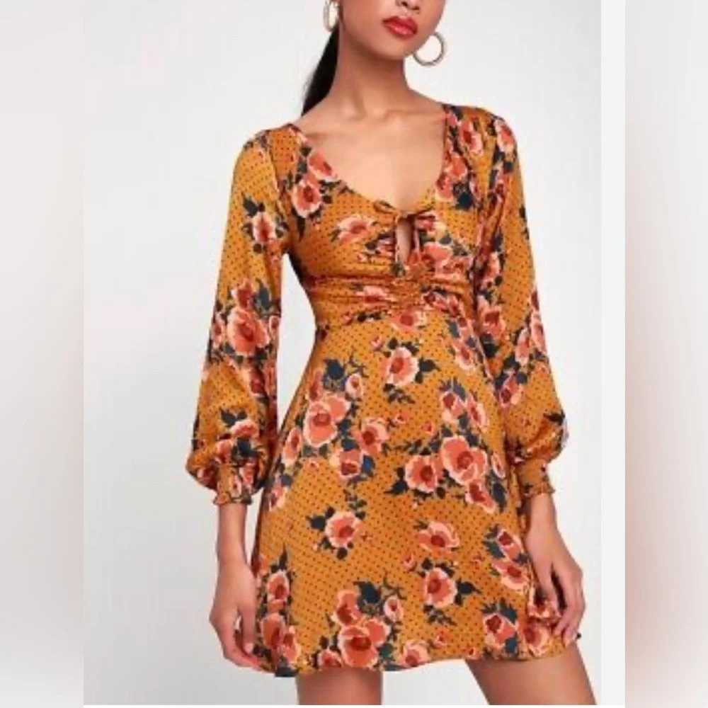 Free People Morning Light Golden Yellow Floral Long Sleeve Dress Size 8